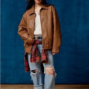 BDG Sean Faux Leather Harrington Jacket in Brown